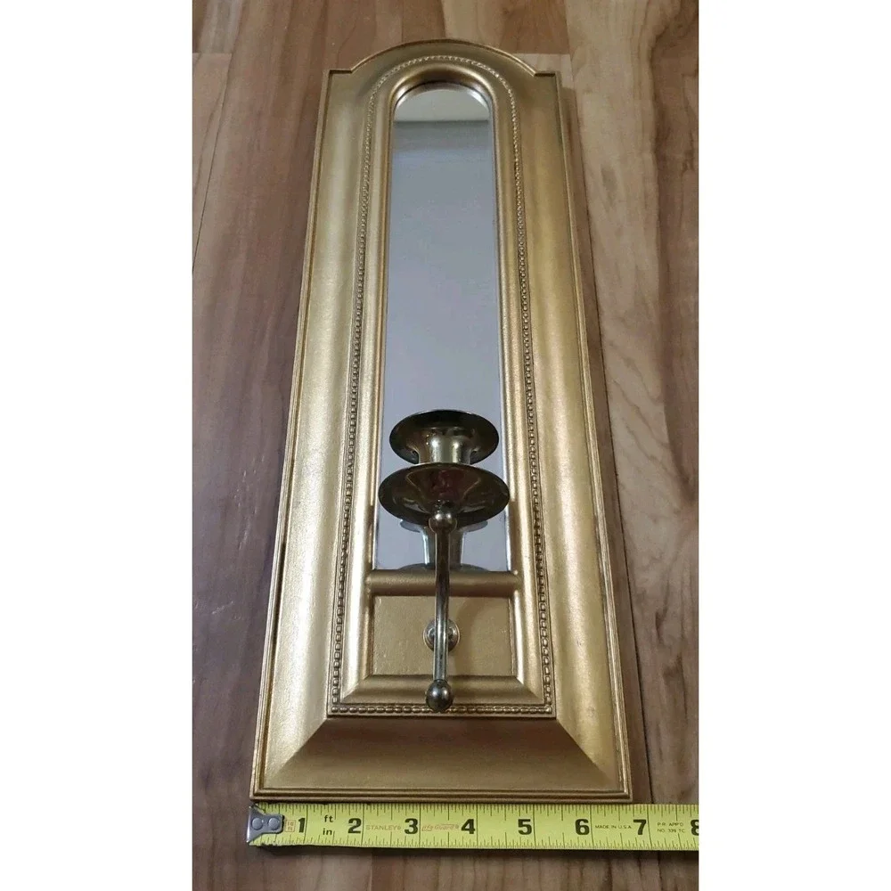 Vintage Homco Home Interiors Gold Arched Mirror Wall Sconce Candle Holder Single